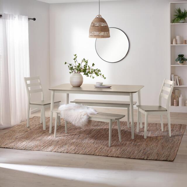 Lynton Large White & Light Grey Wooden Dining Table with 2 Benches & 2 Chairs - image 1