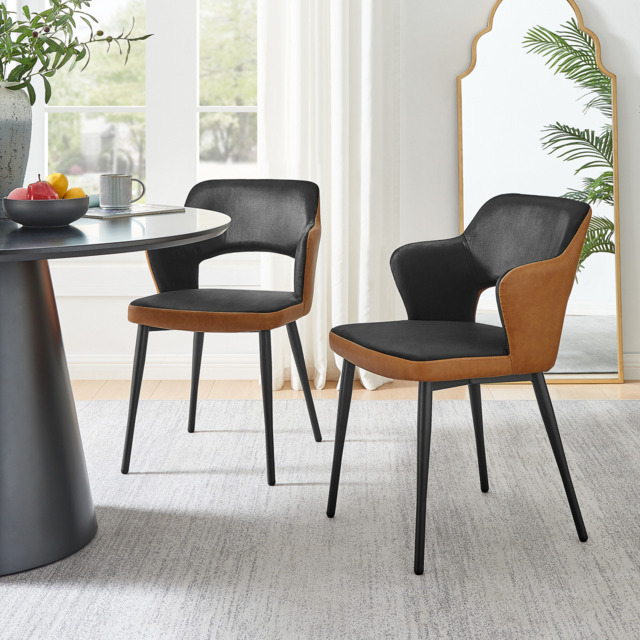 2x Kai Black Velvet and Tan Faux Leather Dining Chairs - image 1