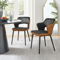 2x Kai Black Velvet and Tan Faux Leather Dining Chairs