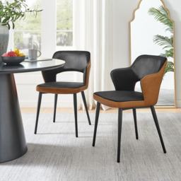 2x Kai Black Velvet and Tan Faux Leather Dining Chairs - thumbnail 1