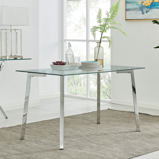 Cosmo Rectangular Glass and Silver Metal 4 Seater Dining Table - image 1