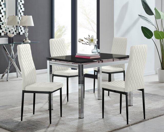 Enna Black Glass Extending Dining Table and 4 Velvet Milan Black Leg Chairs - image 1