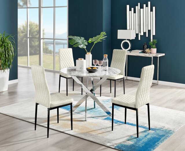Novara White Marble Round Dining Table & 4 Velvet Milan Black Leg Chairs - image 1