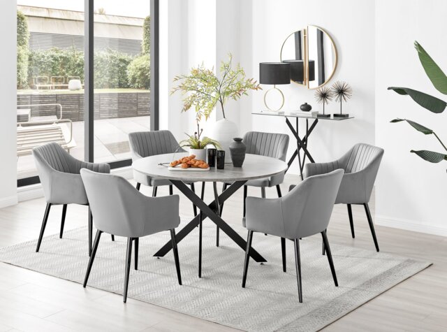 Novara Grey Concrete Effect Black Leg 120cm Round Dining Table & 6 Calla Black Leg Chairs - image 1