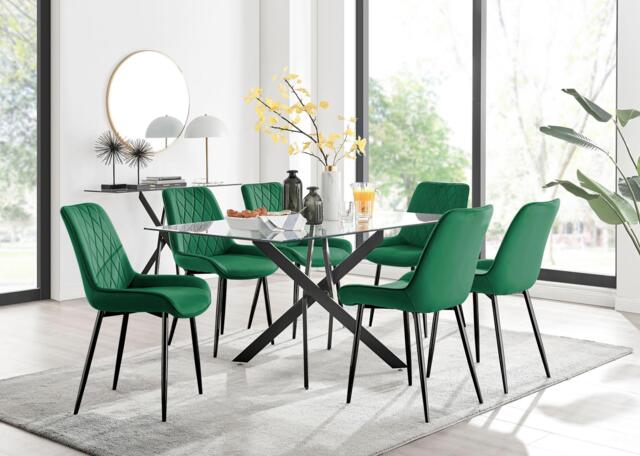 Furniturebox Leonardo Black Leg Glass Dining Table & 6 Pesaro Black Leg Chairs, Velvet/Metal/Tempered Glass in Green - Size: 53x87x63 cm - image 1