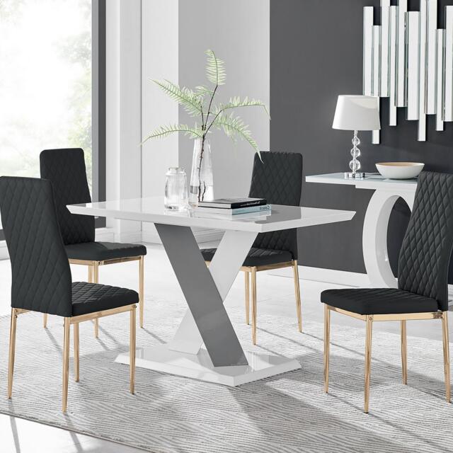 Monza 4 White/Grey Dining Table & 4 Gold Leg Milan Chairs - image 1
