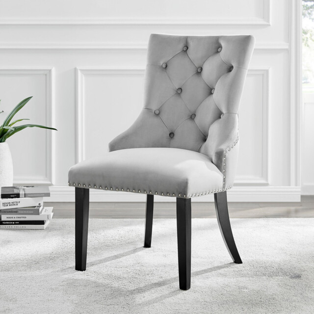 2x Belgravia Grey Velvet Knockerback Dining Chairs Black Legs - image 1