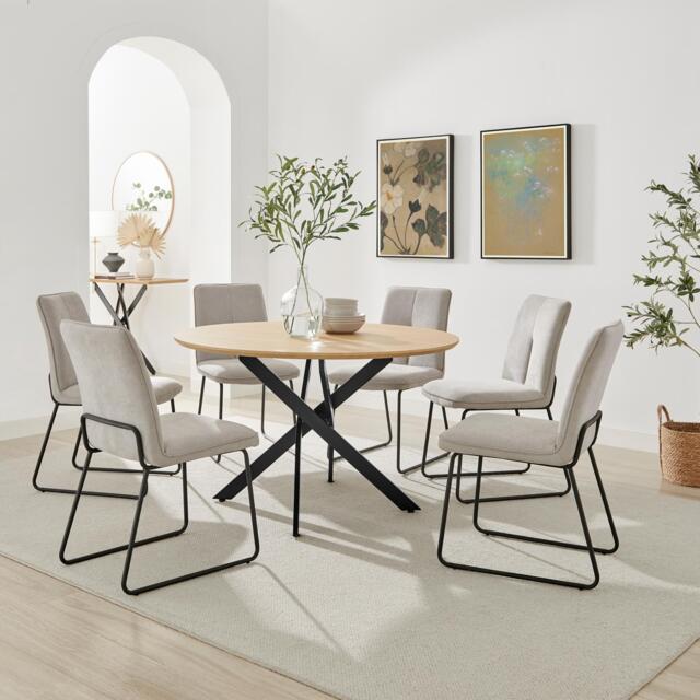 Novara Oak Effect Dining Table & 6 Halle Taupe Fabric Chairs - image 1