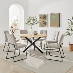Novara Oak Effect Dining Table & 6 Halle Taupe Fabric Chairs - thumbnail 1