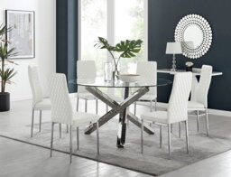 Vogue Large Round Chrome Metal Clear Glass Dining Table And 6 Milan Dining Chairs Set - thumbnail 1