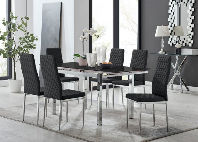 Enna Black Glass Extending Dining Table and 6 Milan Chairs - image 1
