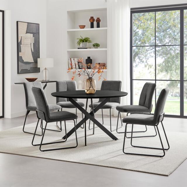 Novara Black Top Dining Table & 6 Halle Fabric Chairs - image 1