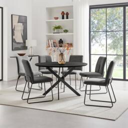 Novara Black Top Dining Table & 6 Halle Fabric Chairs