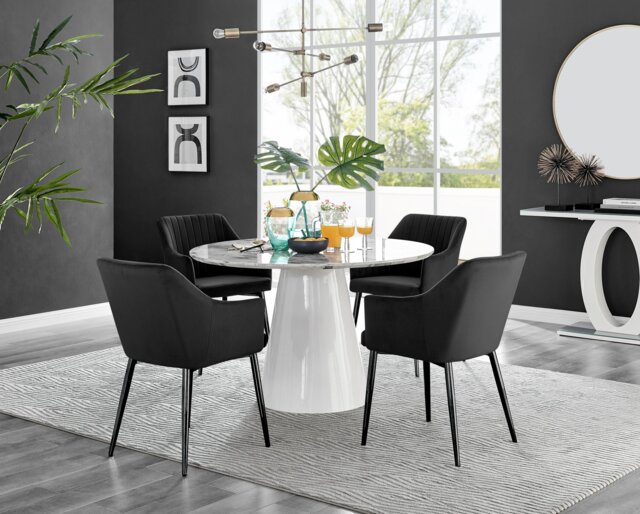 Palma White Marble Effect Round Dining Table & 4 Calla Black Leg Chairs - image 1