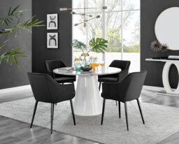 Palma White Marble Effect Round Dining Table & 4 Calla Black Leg Chairs - thumbnail 1