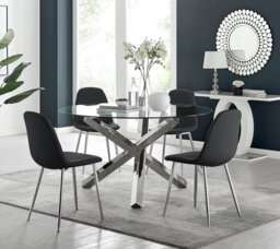 Vogue Large Round Chrome Metal Clear Glass Dining Table And 4 Corona Silver Dining Chairs Set - thumbnail 1