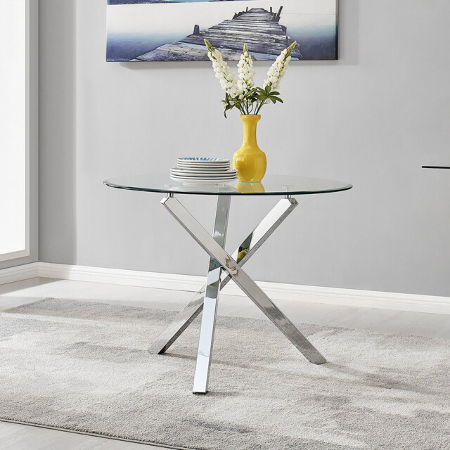 Selina Round Glass and Silver Square Leg Metal 4 Seater Dining Table - image 1