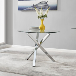 Selina Round Glass and Silver Square Leg Metal 4 Seater Dining Table