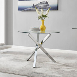 Selina Round Glass and Silver Square Leg Metal 4 Seater Dining Table - thumbnail 1