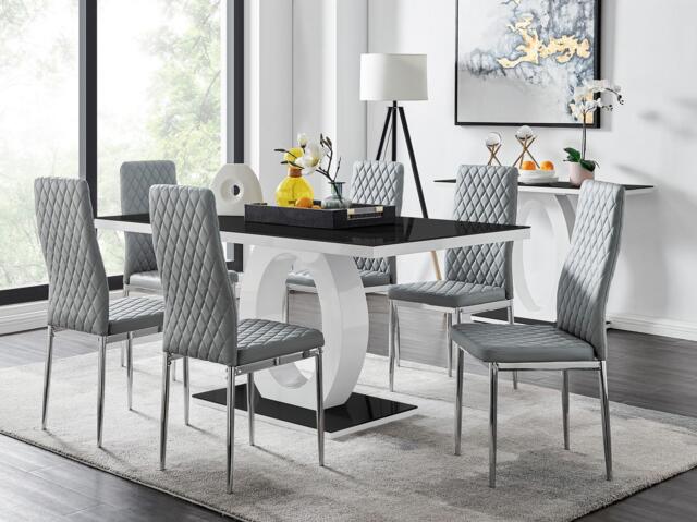 Furniturebox Giovani High Gloss And Glass Dining Table And 6 Milan Chairs Set, Tempered Glass/Engineered Wood/Glass in Grey - Size: 39x96x49 cm - image 1