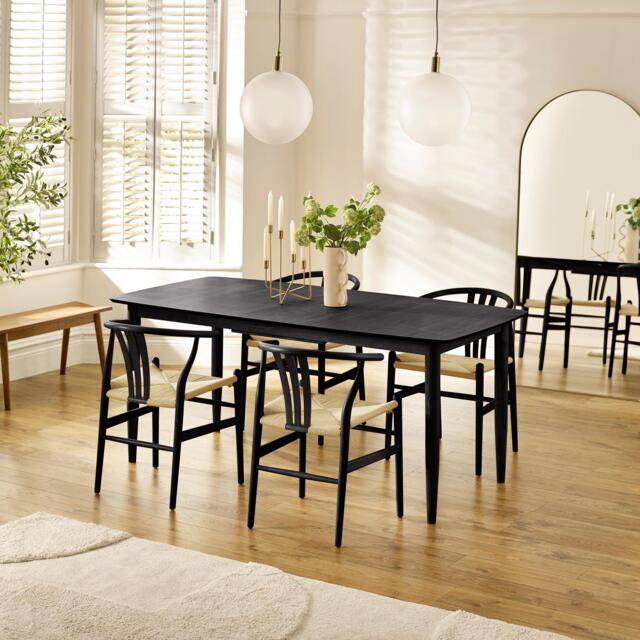 Leif Wood Rectangular Extending Table & 4 Caia Black Wishbone Oak Dining Chairs - image 1