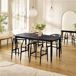Leif Wood Rectangular Extending Table & 4 Caia Black Wishbone Oak Dining Chairs - thumbnail 1