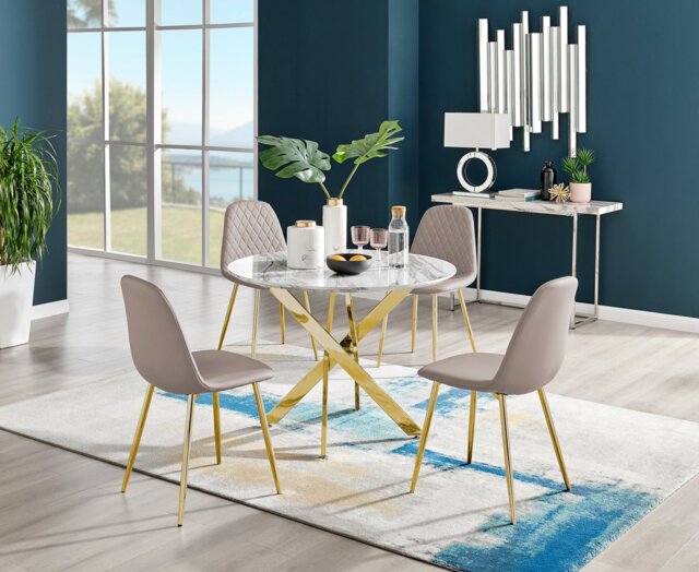 Novara White Marble Gold Leg Round Dining Table & 4 Corona Gold Leg Chairs - image 1