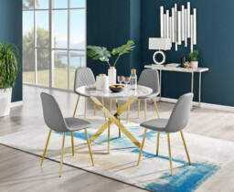 Novara White Marble Gold Leg Round Dining Table & 4 Corona Gold Leg Chairs - thumbnail 2