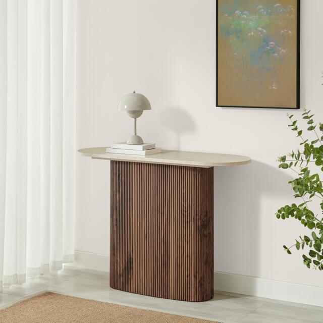 Furniturebox Penrose Round Walnut Wood & Marble Effect Console Table, Engineered Wood in Cream/Walnut - Size: 110x78x40 cm - image 1