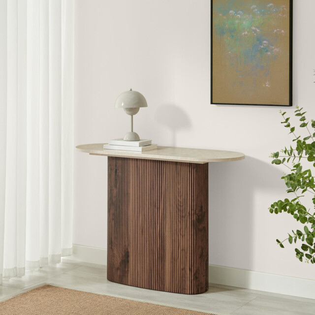 Penrose Rounded Walnut Wood & Marble Effect Console Table - image 1