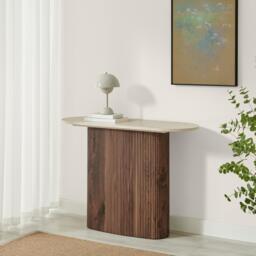 Furniturebox Penrose Round Walnut Wood & Marble Effect Console Table, Engineered Wood in Cream/Walnut - Size: 110x78x40 cm