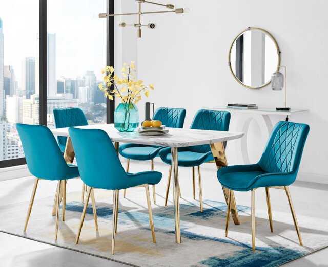 Andria Gold Leg Marble Effect Dining Table and 6 Pesaro Gold Leg Chairs - image 1