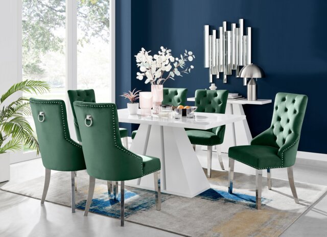 Athens White Dining Table & 6 Velvet Belgravia Chairs