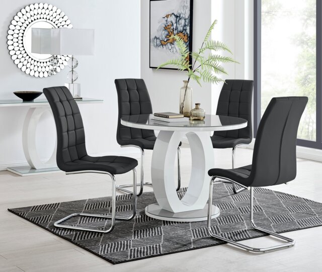 Giovani Grey White High Gloss And Glass 100cm Round Dining Table And 4 Murano Chairs Set - image 1