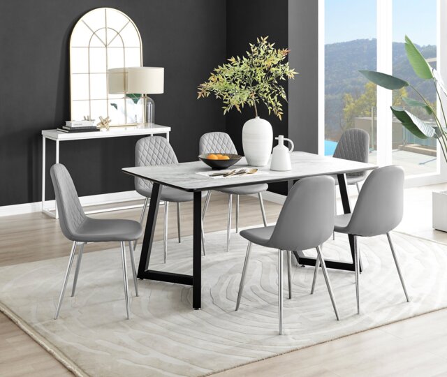 Carson White Marble Effect Dining Table & 6 Corona Silver Chairs - image 1