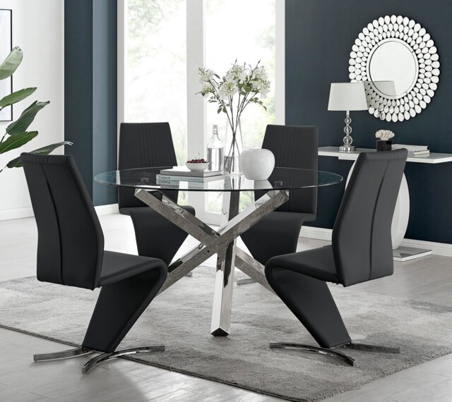 Vogue Large Round Chrome Metal Clear Glass Dining Table And 4 Willow Dining Chairs Set - image 1