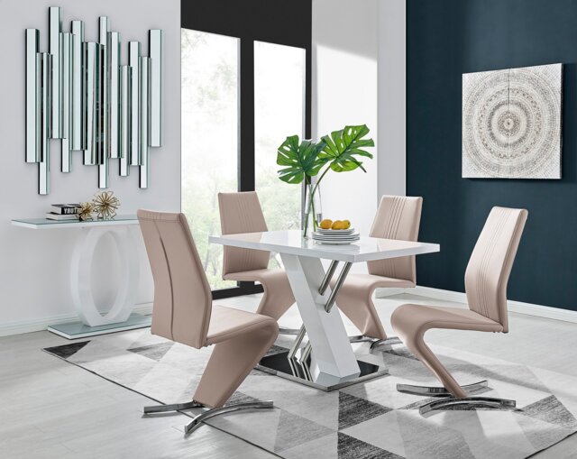 Sorrento 4 White High Gloss And Chrome Dining Table And 4 Luxury Willow Chairs Set - image 1