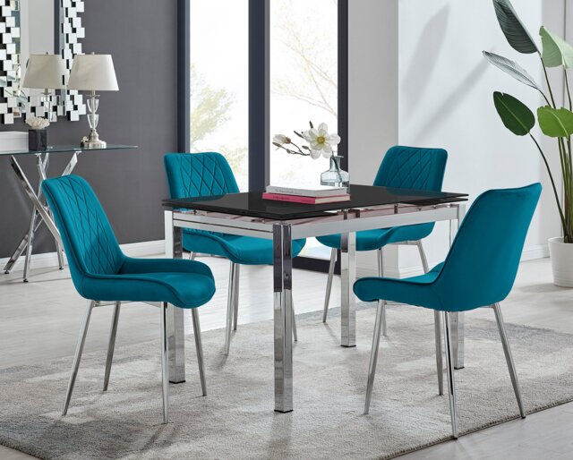 Enna Black Glass Extending Dining Table and 4 Pesaro Silver Leg Chairs - image 1