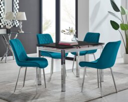 Enna Black Glass Extending Dining Table and 4 Pesaro Silver Leg Chairs - thumbnail 1