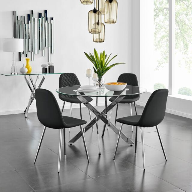 Novara Chrome Metal And Glass Large 120cm Round Dining Table And 4 Corona Silver Chairs Set - image 1