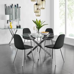 Novara Chrome Metal And Glass Large 120cm Round Dining Table And 4 Corona Silver Chairs Set - thumbnail 1