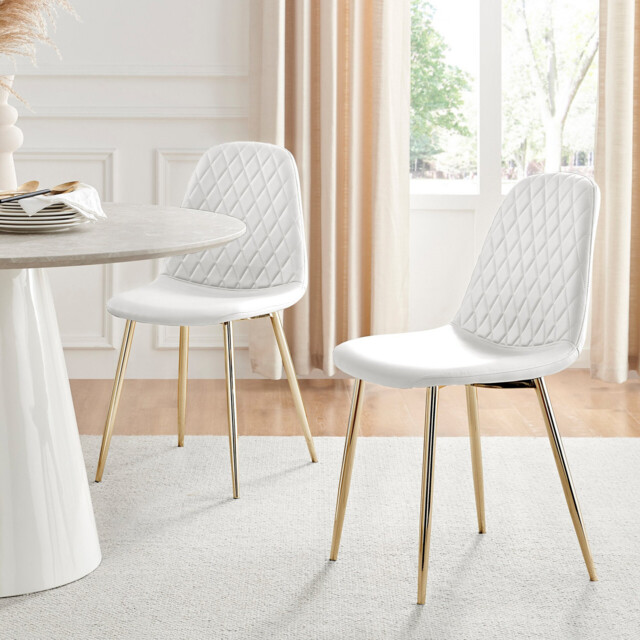 2x Corona White Faux Leather Dining Chairs Gold Legs - image 1