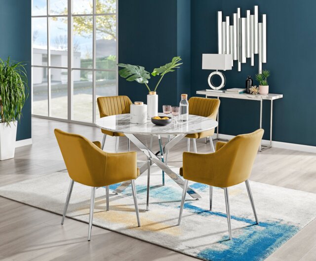 Novara White Marble 120cm Round Dining Table & 4 Calla Silver Leg Chairs - image 1