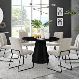 Palma Black Semi Gloss Round Dining Table & 6 Halle Black Leg Chairs - thumbnail 1