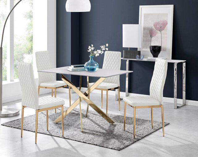 Leonardo White Glass Marble Effect Gold Leg Table & 4 Milan Gold Leg Chairs - image 1