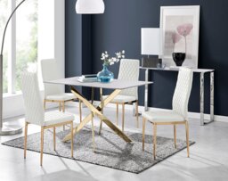 Leonardo White Glass Marble Effect Gold Leg Table & 4 Milan Gold Leg Chairs - thumbnail 1