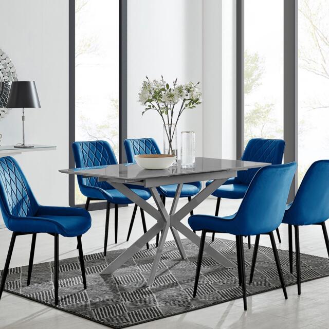 Lira 120cm Grey Metal Extending Dining Table & 6 Pesaro Black Leg Chairs - image 1