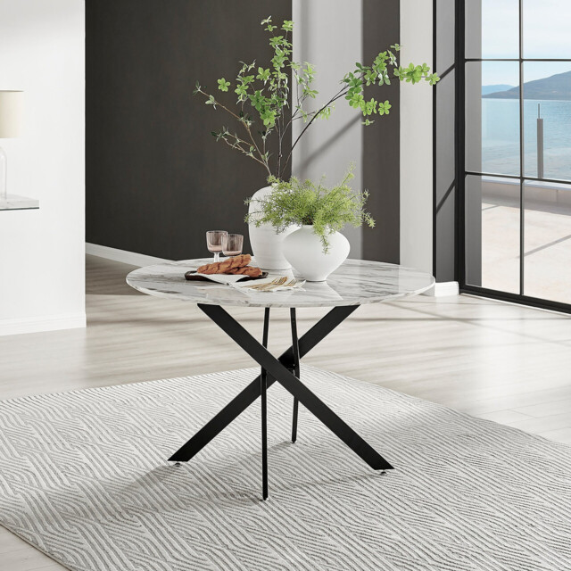 Novara Round White Marble Effect and Black Metal 4-6 Seater Dining Table - image 1