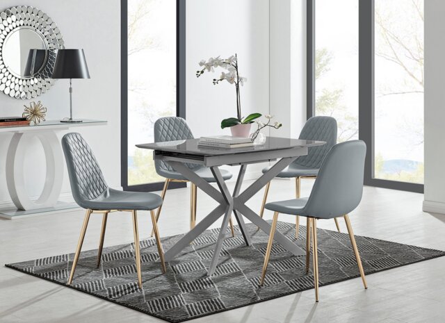 Lira 100cm Grey Metal Extending Dining Table & 4 Corona Gold Leg Chairs - image 1