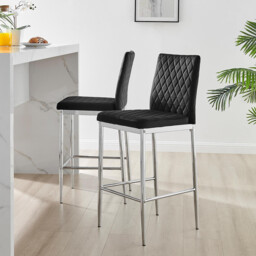 2x Milan Black Velvet Counter Stools Silver Legs - thumbnail 1